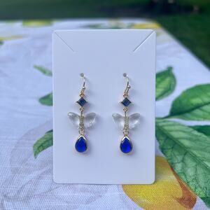 September Sapphire Glass Blue Butterfly Boho Earrings, Cute Novelty Fun Earrings